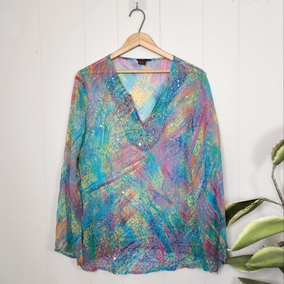 100% Silk DStudio Sheer Tunic Swim Cover-Up Top Boho Bohemian Summer Beaded - Picture 9 of 9